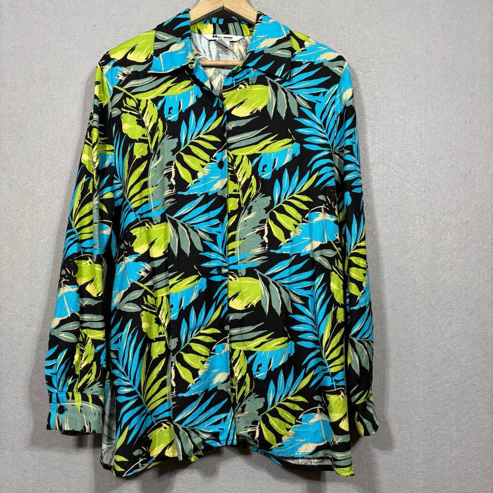 Nygard Collection Womens‎ Tropical Linen Blend Top Sz 10 Long Sleeve Leaf Bold